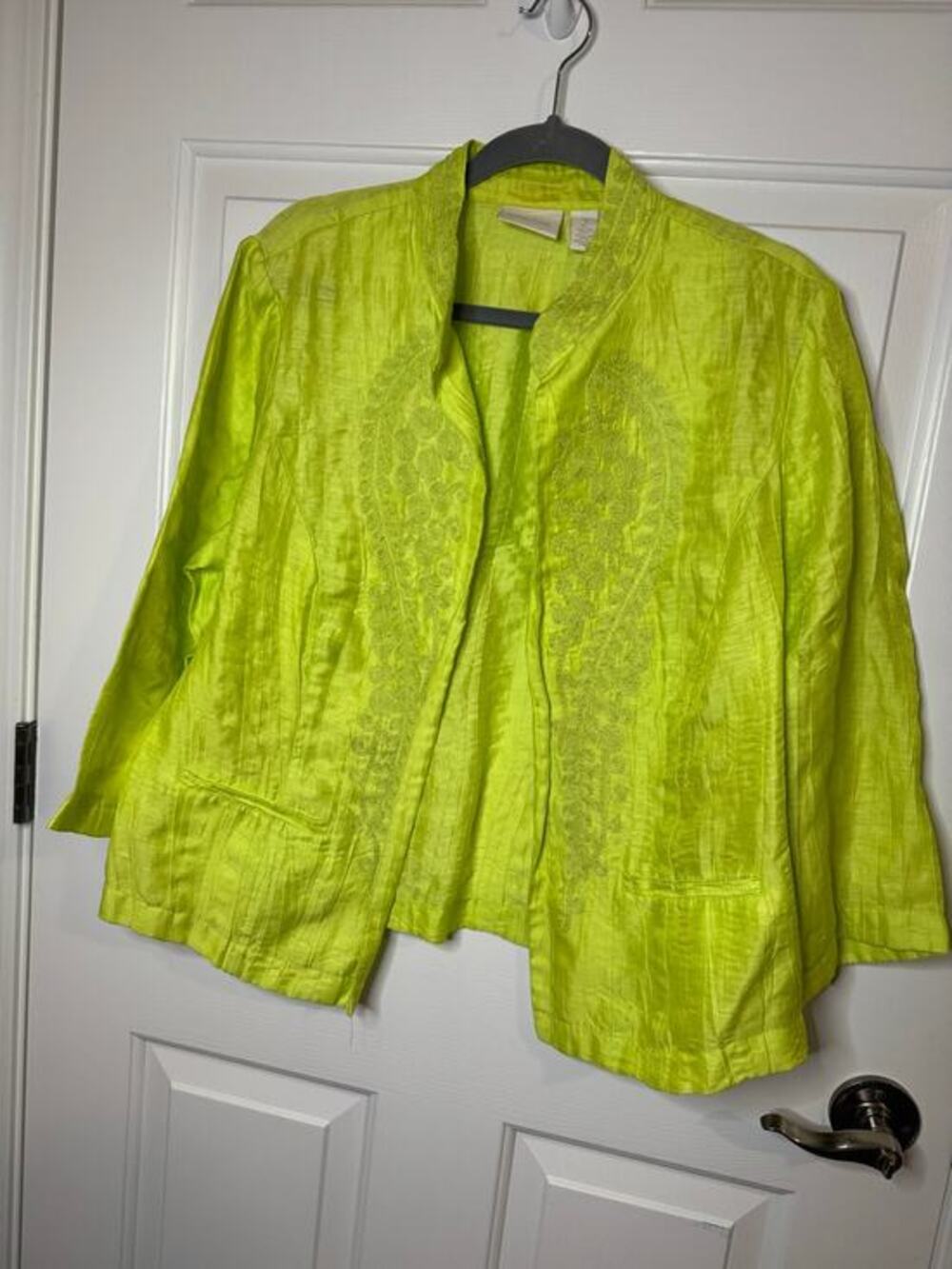 Chico's New Neon Green Linen Blend Open Front Jacket Embroidered Size 2 (L/12)